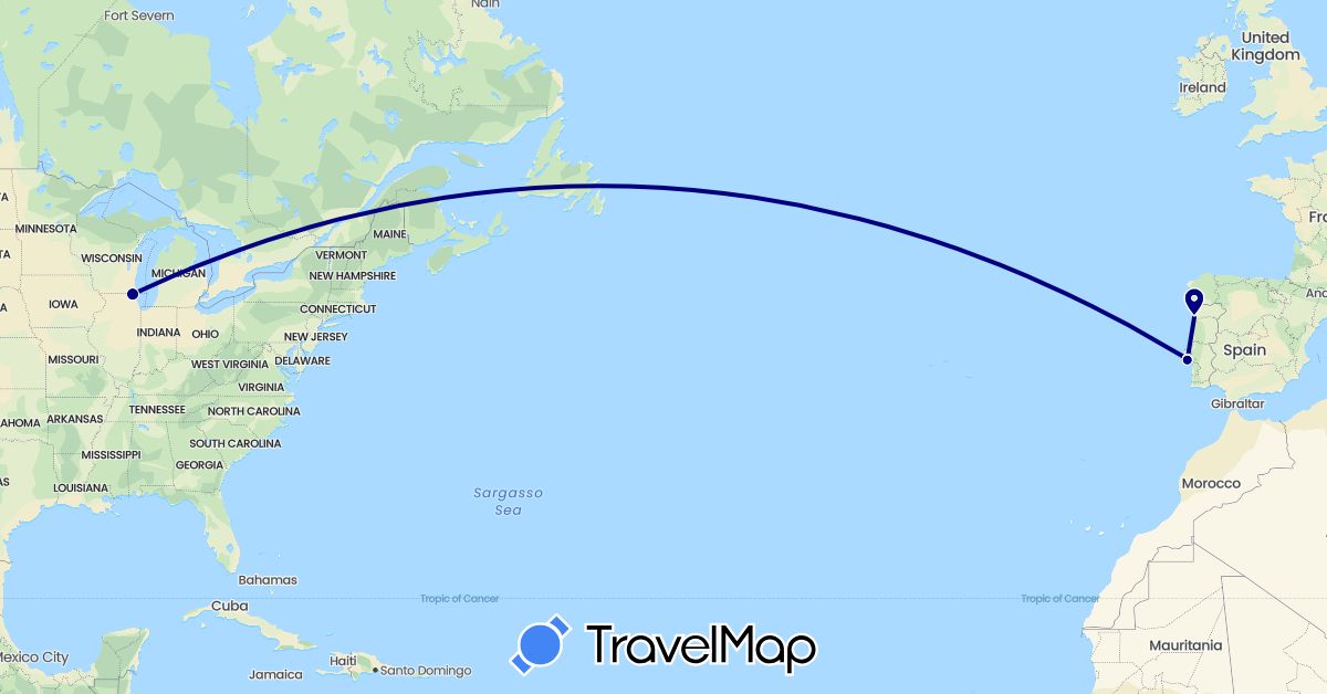 TravelMap itinerary: driving in Portugal, United States (Europe, North America)